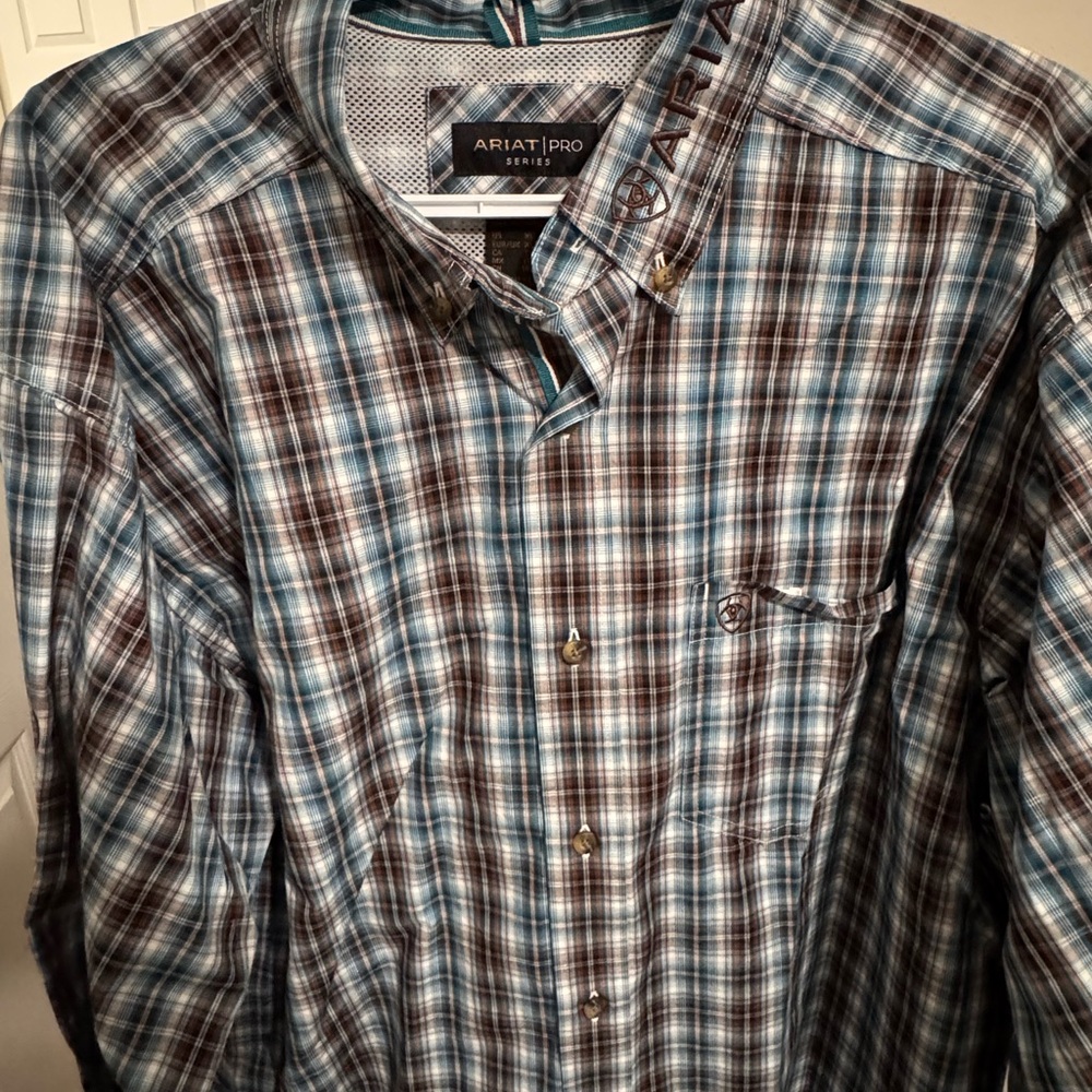 Ariat Pro Men's Teal, Blue & Brown Plaid Button-Down Shirt
